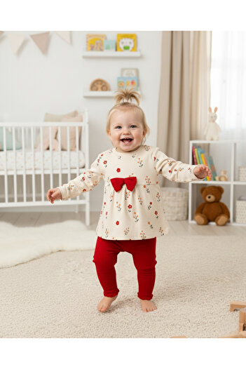 voyyo kids baby Baby Girl Floral Printed Seasonal 2-Piece Set – Long Sleeve Top with Bow and Ribbed Leggings – 6-24 Months
