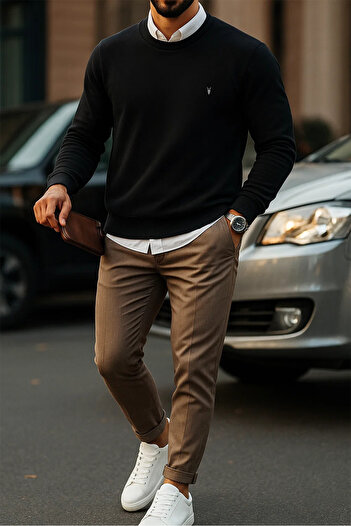 COMBİNE MİCHAİL Erkek Basic Bisiklet Yaka Siyah Sweatshirt
