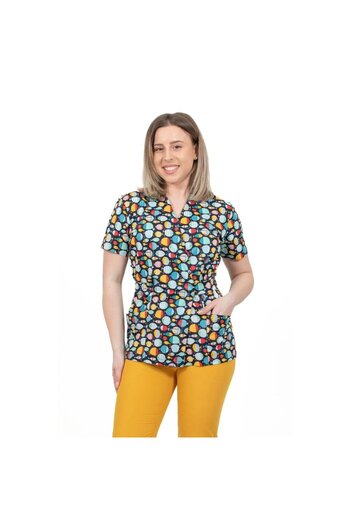 DEMOTEKS Kimono Medical Blouse, Black with Print, Women - Colorful Fish Medical Uniform Model