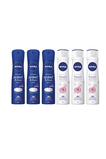 NIVEA Set 6 X Antiperspirant Woman Deo 150ml, 3 X Protect&Care, 3 X Fresh Rose Touch, 0% Alcohol, No