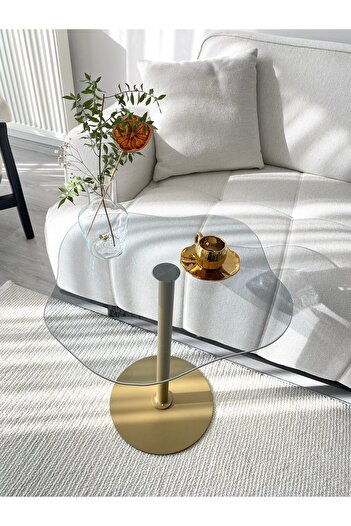 MONEayna WİCCİ Dekoratif Füme Cam Gold Zigon Yan Sehpa