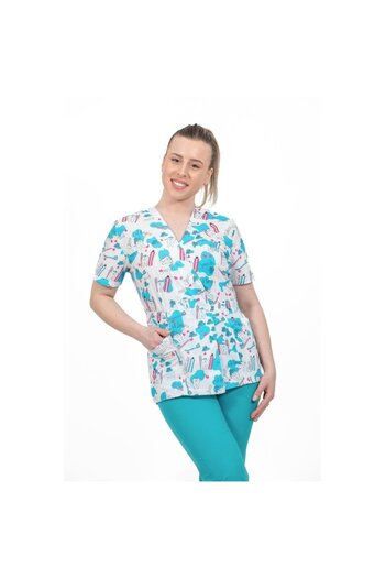 DEMOTEKS Medical Kimono Blouse, White with Print, Women - Dentist Medical Uniform Model