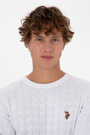 U.S. Polo Assn. Men's Slim Fit Crew Neck Patterned White Sweater 50307836-Vr013