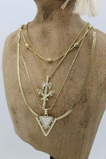 Nenya Vip Steel Italian Crushed and Cube Chain Axe and White Mother-Of-Pearl Shield Model 4-Piece Combination Necklace