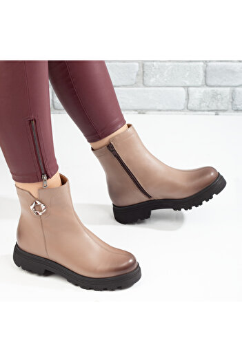 BMoD Beige women's boots with a metal detail and a zipper, made of genuine leather MOD06857