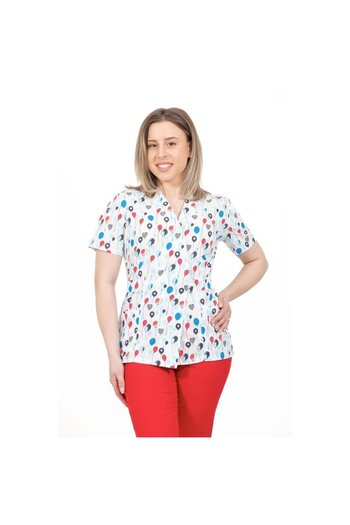 DEMOTEKS Kimono Medical Blouse, White with Print, Women - Balloons Medical Uniform Model