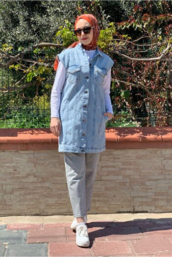 Moda Rosa 26K5378 - Light Blue - Denim Vest with Metal Details