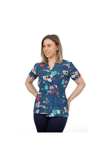 DEMOTEKS Medical Kimono Elastane Blouse, Navy Blue with Print, Women - Ambulance Medical Uniform Model