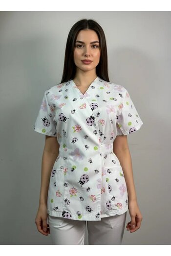 DEMOTEKS Medical Kimono Blouse, White with Print, Women - Medical Uniform Model Lila Ladybug