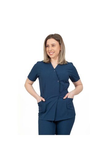 DEMOTEKS Women's Elastane Kimono Medical Blouse, Medical Uniform, Indigo Blue Color