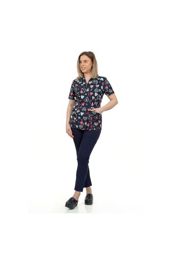DEMOTEKS Women's Printed Elastane Kimono Medical Blouse - Love Medical Uniform Model