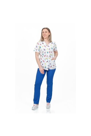 DEMOTEKS Kimono Medical Blouse, White with Print, Women - Medical Uniform Model Children's Dressing