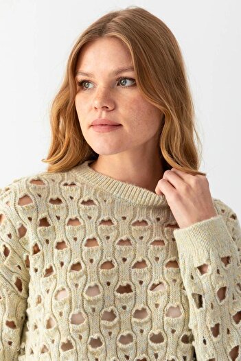 Noi Belis Soft Textured Openwork Crew Neck Knitwear Sweater Aw25Kz0044