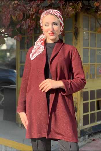 Moda Rosa 25K5299 - Bordo - Shawl Collar Knitted Tricot Jacket