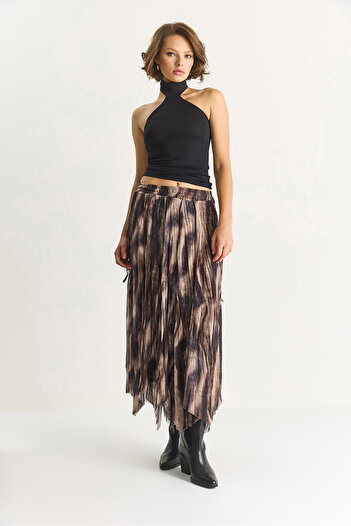 Bianco Lucci Women's Patterned Asymmetrical Cut Lined Chiffon Skirt De251102 60283564