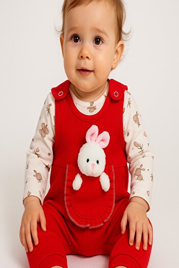 dinamik çocuk Baby Girl Romper Set with Toy Rabbit and Snap Fasteners, 2-Piece Romper Set – Bodysuit and Romper | 3-6-9 Months
