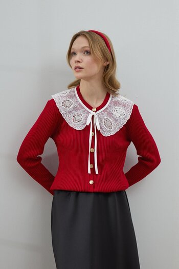 Ceylan Otantik Red White Collared Knitwear Cardigan
