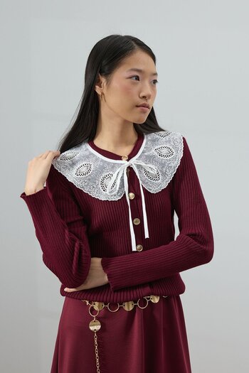 Ceylan Otantik Burgundy White Collar Knitwear Cardigan