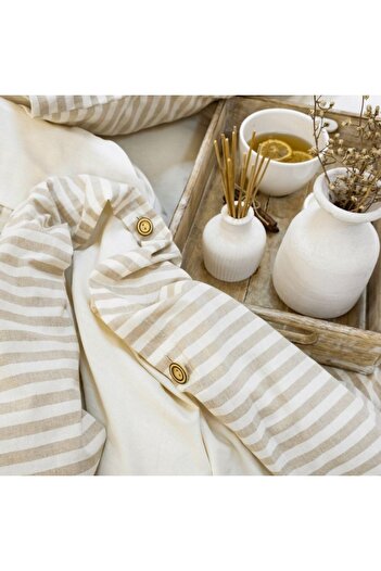 Şaheser Cotton bed linen with woven stripes, Nives Ecru/Beige