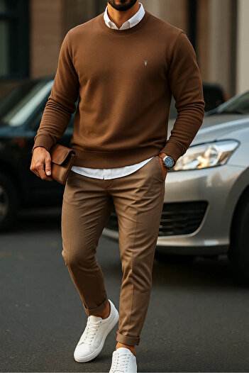 COMBİNE MİCHAİL Men's Basic Crew Neck Brown Sweatshirt