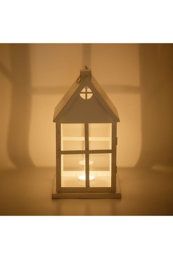 SHOPIENS Felinar Decorativ Suspendabil Metalic Casa Alb Auriu Brushed cu Sticla si Maner 16x16x30cm