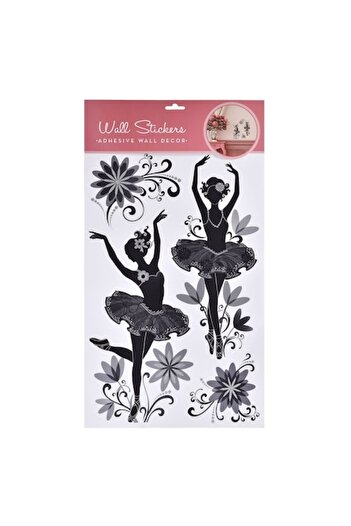 SHOPIENS Set 4 decorative wall stickers Shopiens®, ballerinas and black/gray flowers with silver glitter det