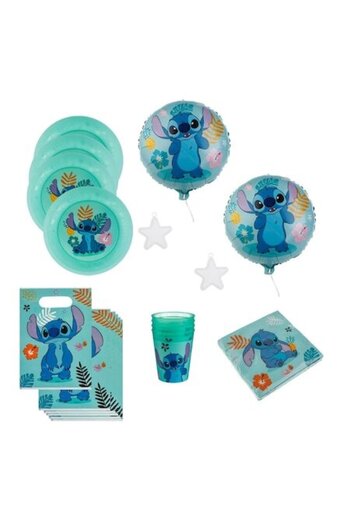 SHOPIENS Set 36 Bucati Petrecere Copii Stitch Farfurii Pahare Servetele Pungi Baloane