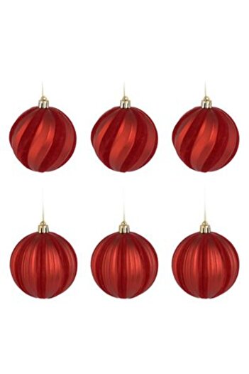Jumbo Set Christmas Tree Baubles Red Matte with Velvety Striped Ø8 cm - 6 pcs