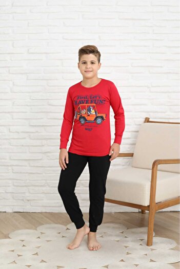 Şekerkids Boy's Cotton Combed Fabric Red-Black Color Character Detailed Pajama Set