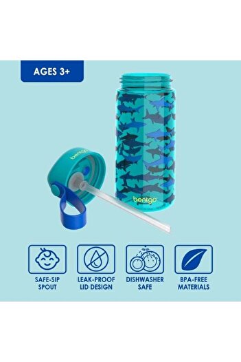 Bentgo Kids Prints Water Bottle 15 Oz. Leak Proof, BPA-Free Cups For Toddlers And Children (Shark)