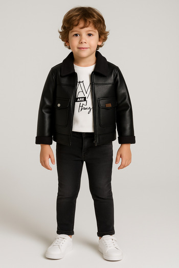 Uğur bebe Boys' Black Leather Jacket Combination Leather Jacket Pants Sweatshirt Feel Comfort and Style