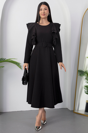 PULLIMM Flounce Sleeves Belted Crepe Dress 2025-4309