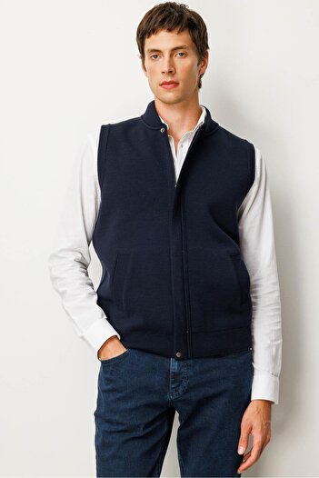 Desen Triko Men's Judge Collar Steel Knit Wool Vest Dark Navy Blue