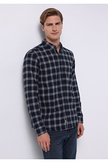 Colin's Slim Fit Shirt Neck Plaid Men's Navy Blue Long Sleeve Shirt