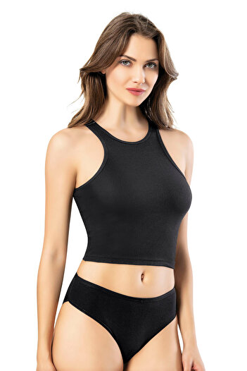 Batıdan Women's Camisole Wide Strap Sporty Style Crop Black 6-Pack - Black - Batdnkog-6K43O1-Si