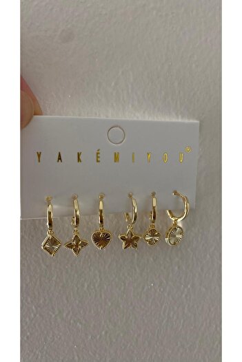 marsel aksesuar Special Series Clover and Star Figured Multi Gold Earring Set