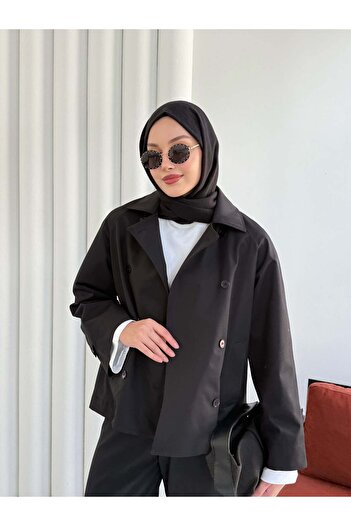 Hatun Atila Double-Breasted Collar Short Trench Coat 999001 - Black