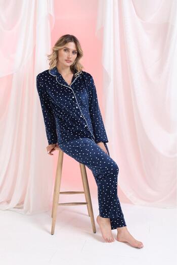 MEBA Front Buttoned Velvet Winter Women's Pajama Set