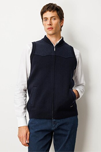Desen Triko Men's Judge Collar Felt Wool Vest with Chest and Pocket, Dark Blue