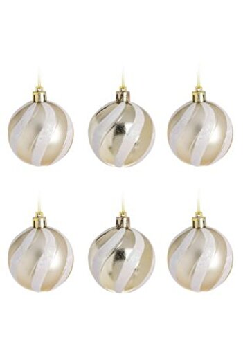 Jumbo Set Globuri de Craciun Bej Lucioase Mate Dungi cu Glitter Irizat Ø6 cm - 6 buc