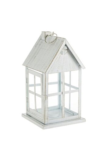 SHOPIENS Felinar Decorativ Suspendabil Metalic Casa Alb Auriu Brushed cu Sticla si Maner 16x16x30cm