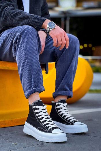 Zerenyus Gabin Long Black and White Linen High Sole Men's Sports Shoes
