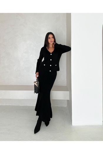 b buhari bykoc Long Sleeve Pocketed Button Detail Women's Knitwear Long Skirt Suit