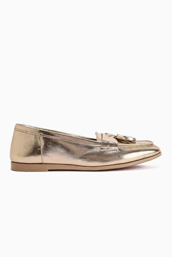 Limoya Doris Genuine Leather Gold Metallic Tasseled Women's Loafer Shoes