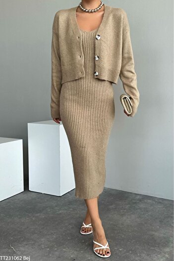 CADDELAMODA Women's Strap Dress-Cardigan Double Knitwear Set