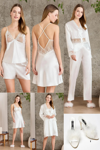 Mavelle Ecru 6-Piece Bridal Dowry Set Satin Nightgown Dressing Gown Shorts Set Pajama Set Slippers Gift