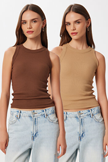 Lovelyİstanbul 2-Pack Ribbed Knitted Undershirt Len0041 Brown Biscuit