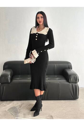 orjinal blue b Knitwear Baby Collar Button Detailed Midi Length Dress