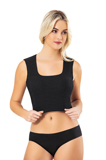 Queenchic Women's Camisole Combed Cotton-Square Neck Style Padded Crop Solid Black-6-Piece - Black - Bynvakoe-6G80I6- Si