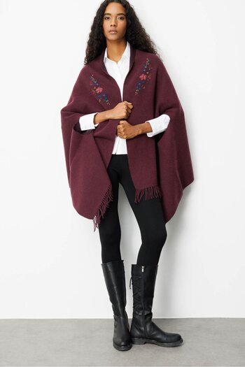 Desen Triko Women's Embroidered Collar, Sleeves Threaded Through, Large Wool Poncho, Dark Plum